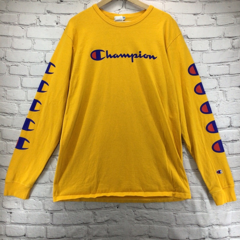 Champion T-Shirt Mens XL Script Logo Tee Golden Yellow Long-Sleeve Crew Neck
